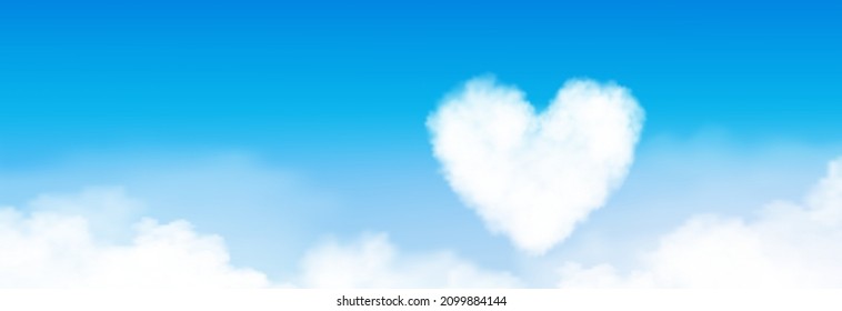 Blue sky with heart shape, altostratus cloud background,Vector Cartoon sky with cirrus cloud,Concept Valentines day and love for holiday season,Backdrop Wide Horizon banner morning in spring, summer 