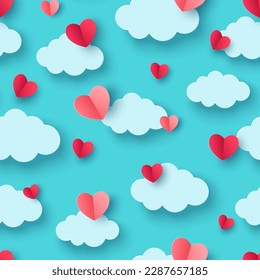 Blue sky, hearts and paper cut clouds. Happy Valentine's day seamless pattern. Papercut style, cute childish ornament wallpaper