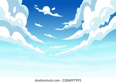 Blue sky, heaven anime curve clouds. Nature sea sun landscape, gradient cloudy scene, beautiful clear spring air. Beautiful cloudscape panorama. Vector garish background, wallpaper design