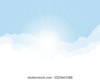 Blue sky, and high clouds. Rising sun with rays above clouds. Religion or heaven concept. White clouds and light blue sky color.