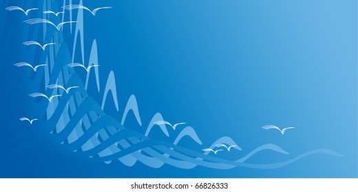 blue sky, high waves, white gulls, birds fly