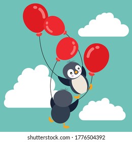 Cute Penguin Flying Two Red Balloons Stock Vector (Royalty Free) 1780033862