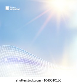 Blue sky illustration for science theme. Image with text place, light splash and rectangular mesh at the bottom. Abstract science background.