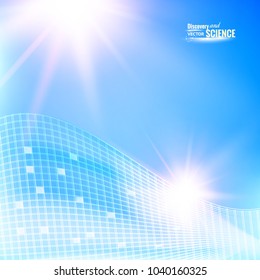 Blue sky illustration for science theme. Image with text place, light splash and rectangular mesh at the bottom. Abstract science background.