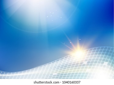 Blue sky illustration for science theme. Image with text place, light splash and rectangular mesh at the bottom. Abstract science background.