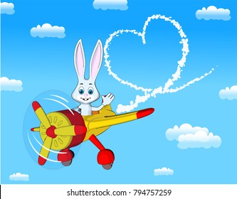 blue sky inversion trail symbol heart love courage aerobatics clouds postcard valentines day 
airplane toy rabbit  pilot cartoon style yellow red color white background isolate technics air 