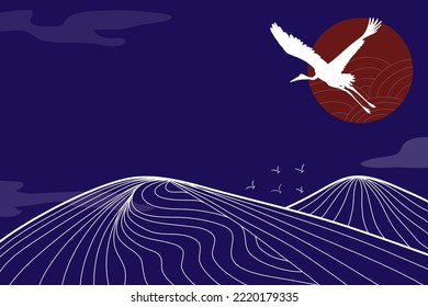 Blue sky Japanese design landscape with bird mountain And sun dark background vector