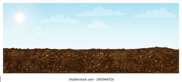 blue sky and land background. horizontal sky and ground landscape. vector panoramic illustration of fertile brown plowed field. great for banner, backdrops and nature, farming images. realistic style