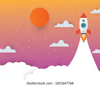 Blauer Himmel Landschaft blauer Himmel und weiße Wolken an sonnigen Tagen. Vektorgrafik mit Rakete.