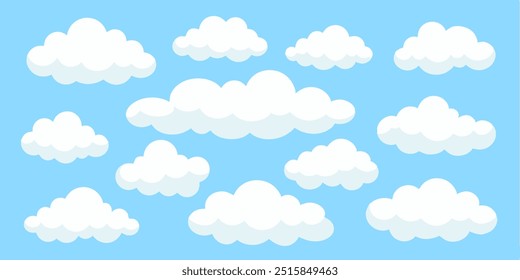 Ein blauer Himmel mit vielen weißen Wolken. Die Wolken sind über den Himmel verstreut, einige sind näher an der Spitze und andere näher an der Unterseite