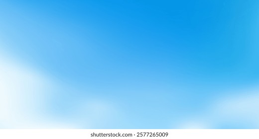 Blue sky light background. White cloud sunny summer abstract gradient. Clear day meteorology gradation pattern. Vector wavy clouds and sunburst rays. Fresh air sunny weather spring heaven landscape