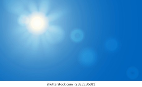 Blue sky light background. White cloud sunny summer abstract gradient. Clear day meteorology gradation pattern. Vector wavy clouds and sunburst rays. Fresh air sunny weather spring heaven landscape