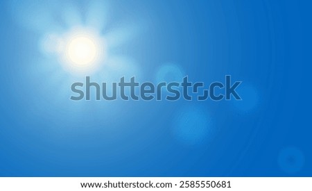 Blue sky light background. White cloud sunny summer abstract gradient. Clear day meteorology gradation pattern. Vector wavy clouds and sunburst rays. Fresh air sunny weather spring heaven landscape