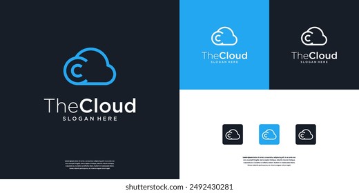 blue sky line art of cloud storage logo design template