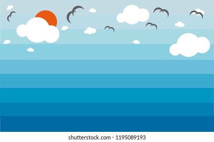 Blue sky with many cloud and birds are flying with the sun in the morning. Flat design style, beautiful weather, travelling concept. 