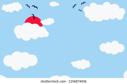 Blue sky with many cloud and birds are flying with the sun in the morning. Flat design style, beautiful weather, travelling concept. 
