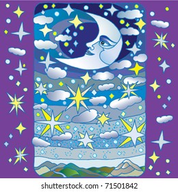 blue sky with Moon, stars and clouds