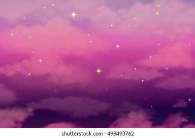 Blue sky Mystical background with realistic clouds, stars, sun shine, dawn, sunset. Separated editable elements, layers, Vector illustration.