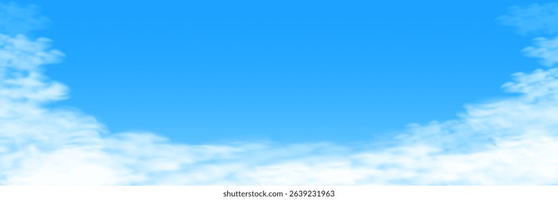 Blue Sky nature landscape background with Realistic fluffy clouds. Sunny 3d cloudy banner with copy space. White smog in the air vector illustration. Mist frame