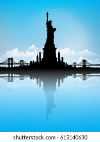 Blue Sky New York City skyline with Statue of liberty Vector
