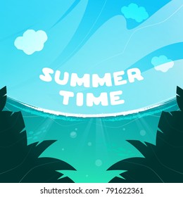 Blue sky with ocean breeze. Cartoon summer time illustration.