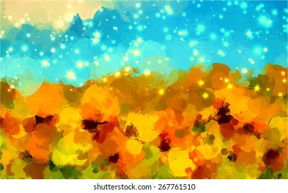 Blue sky and orange brush strokes background. Vector version