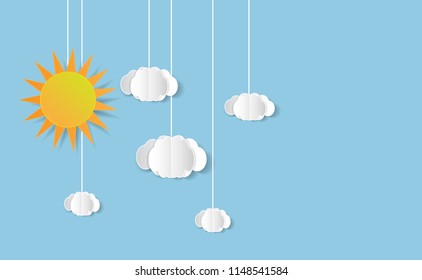 Blue sky with origami clouds.paper art style.
