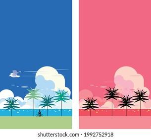 Cielo azul con palmeras y nubes de media luna de verano