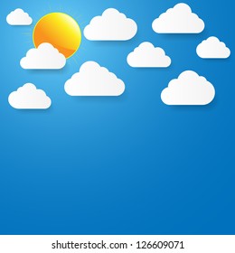 Blue sky with paper clouds and sun. Vector illustration.