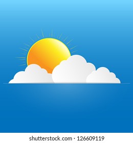 Blue sky with paper clouds and sun. Vector illustration.