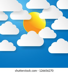 Blue sky with paper clouds and sun. Vector illustration.