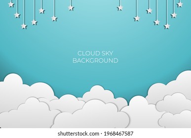 Blue Sky with Paper Cut Clouds and Star Background. Vector Illustration