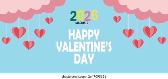 blue sky and paper cut clouds Poster with design. Happy Valentine's day with hanging hearts vector.