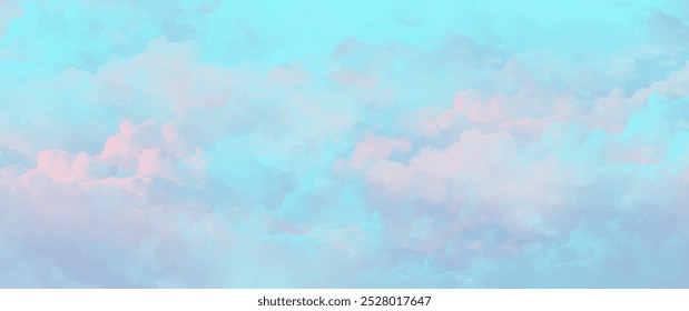 Cielo azul y nubes rosadas en estilo acuarela. Fondo de arte de acuarela de Vector. Textura de Vector dibujado a mano. Cielo. Puesta de sol. Anuncio de acuarela. Plantilla para volantes, tarjetas, póster, portada.