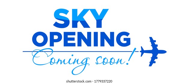 Blue sky and a plane taking off. Announcement of the opening sky and the beginning of flights after quarantine. Vector sticker on transparent background