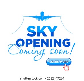 Blue sky and a plane taking off. Announcement of the opening sky and the beginning of flights after quarantine. Vector landing page on transparent background