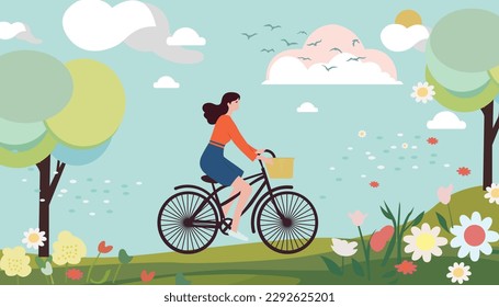 Blue sky, puffy clouds, flower garden women with bike picnic illustration background
