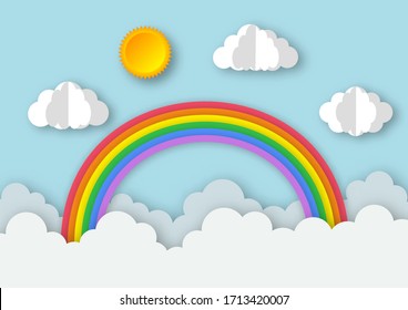 blue sky with rainbow background. paper art style. vector Illustration.