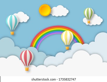 blue sky. rainbow with balloon background. paper art style. vector Illustration.