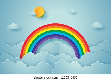 Blue sky with rainbow and cloud , paper art style