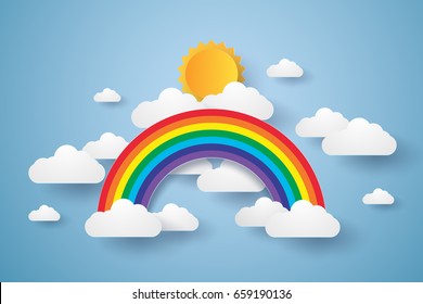 Blue Sky With Rainbow And Cloud , Paper Art Style