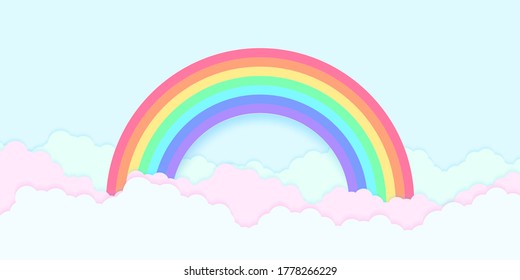 Blue sky with rainbow and colorful cloud, paper art style