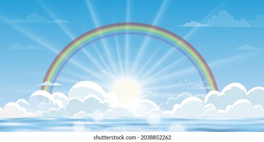 Blue sky with Rainbow and Sun rays shining on the sea,Horizon natural of Blue ocean, mountain and fluffy cloud with bright light in morning, Vector Landscape banner for Spring, summer seasonal holiday