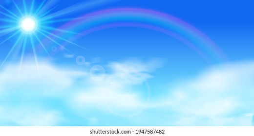 Blue sky, rainbow, sun sunshine and clouds after rain Vector illustration background (landscape, fantastic, fantasy)