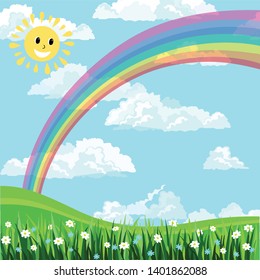 blue sky, rainbow,sun and white clouds background, green grass and white flowers, vector illustration