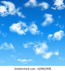 Blue sky with realistic clouds. Vector background.