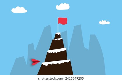 In the blue sky,
red plane flying to the top of the mountain to success.
success and business concept.