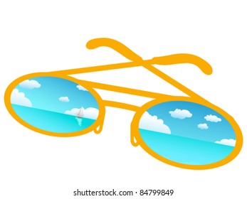 Blue sky reflecting in sunglasses