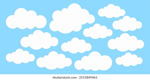 A blue sky with a row of white clouds. The clouds are scattered throughout the sky, with some closer to the top and others lower down