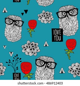 Blue sky seamless pattern with smart owls and beautiful red roses. Vector background of birds and flowers. Cool print for wrapping paper and fabric.